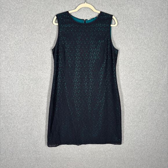 Tahari Dress 14 Navy Turquoise Lace‎ Sheer Mod Career Church Southern 50s Preppy - Picture 1 of 15